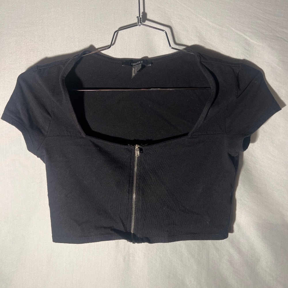 Black Forever 21 Silver Zip-Up Active Top  - Size Large